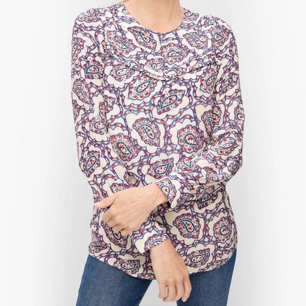 Talbots Blue Red Paisley Pintuck yoke Blouse Peasant Boho Ruffle